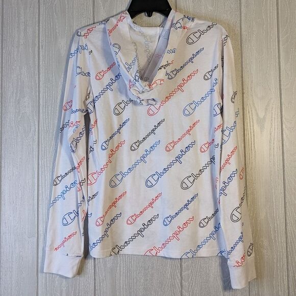 Champion White Long Sleeve T-shirt Hoodie All Over Logo Kangaroo Pouch SZ XL/SM - Picture 2 of 5